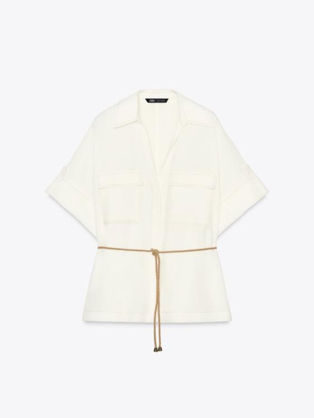 ZARA NWT Ramie Safari Shirt M Oyster White Short Sleeve